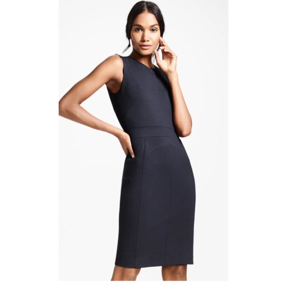 Theory Front Split Classic Sheath Dress Navy Blue Wool Blend Sleeveless SZ 2